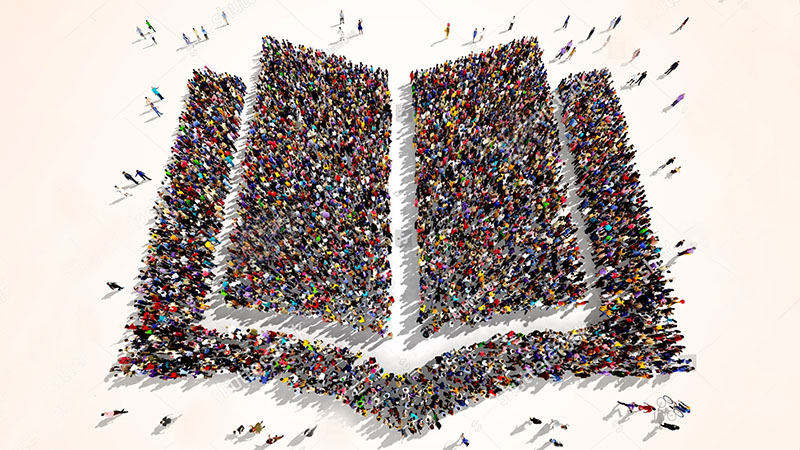 People forming an open book